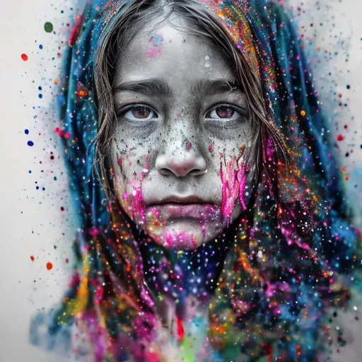 Prompt: Vivid Veil" |+ Crisp, and intricate photorealistic Close-up Portrait, Shot on a Sony A7RIII,,| + | Blend of Two Styles (1,2)< | 1. Graphite Art: To encapsulate the raw intensity and intricate details of the face.,,| + | 2. Watercolor Splatter: Expressing the vibrant and chaotic burst of emotions and memories, reflecting the inner turmoil and passion.,,| + | Theme: The intersection of inner vulnerabilities and the vibrant tapestry of emotions that paint our being, presenting both the strength and fragility of one's soul.,,| + | Artists: Kim Jung Gi's meticulous attention to facial details; Jeffrey Catherine Jones's atmospheric depth and emotional resonance; and Benedick Bana's bold color choices and dynamic feel.,,| + | Central Imagery: A close-up of a face, eyes gleaming with myriad emotions, tales, and secrets. The complexion is not just skin deep but a canvas of memories, experiences, and feelings, painted vividly with bright splashes of colors that seem to emerge and meld, representing the myriad facets of one's identity.,,| + | Background: A surreal blend of flowing hues, suggesting a whirlwind of thoughts and memories, some clear while others are blurry, depicting the ephemerality of time and emotion.,,| + | Emotional Depiction: A juxtaposition of tranquility and chaos. The serenity in the eyes contrasts with the volatile explosion of colors, narrating a tale of silent strength amidst the cacophony of life's challenges.,,| +, photo, portrait photography