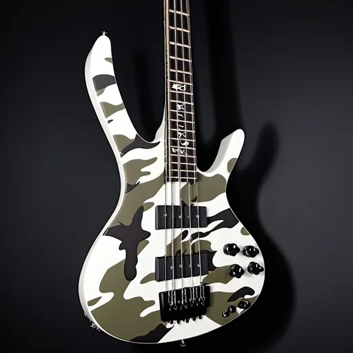 Prompt: Un bajo con forma de BC Rich Widow, de 5 cuerdas, color camuflado blanco militar de invierno, 2 micrófonos tipo P bass