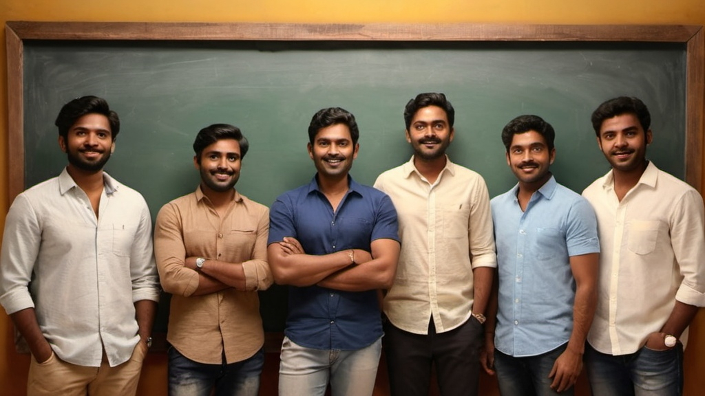 Prompt: (group of men standing together), (chalkboard background), (Ella Guru, Samikshavad, Jayison Devadas), casual clothing, cooperative atmosphere, warm lighting, cozy interior, wooden accents, (group dynamic), detailed expressions, inviting ambiance, (highly detailed), HD, inspiring scene.