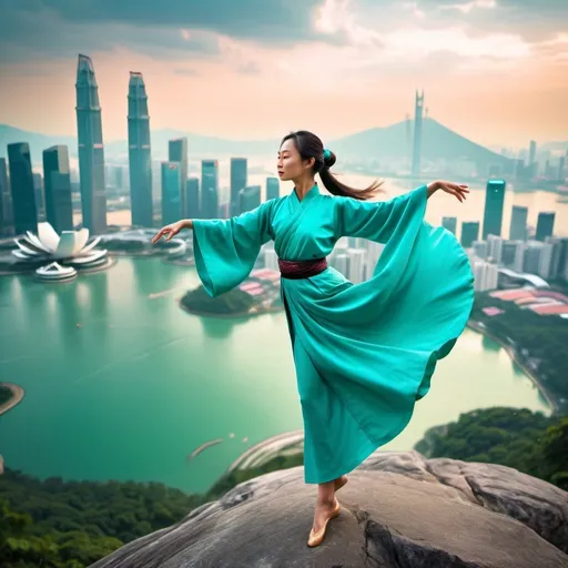 Prompt: A HD animated photo of a lady tai-chi master with medium length waving hair turquoise green flowing robes in an elegant swan lake dancing pose against soft breeze on a mountain top looking out to the singapore skyline, as if making a prayer for greater peace for stressful city dwellers 