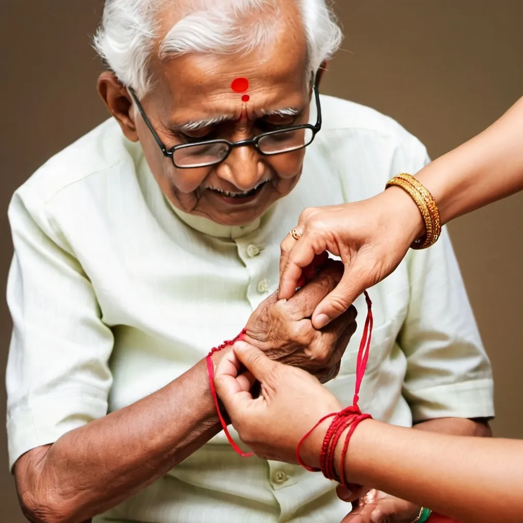 Prompt: Create a Image for rakshBandhan with old age sister tying the Rakhi on old age brother wrist