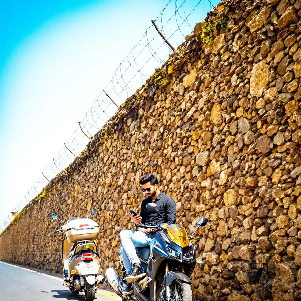 Prompt: A young man sits casually on a sleek black scooter, engrossed in his smartphone while dressed in a stylish black shirt and light blue jeans. Beside him stands a beige scooter, both parked on a quiet road that runs parallel to a textured stone wall dominated by a series of barbed wire fences, suggesting a sense of enclosure or security. The bright blue sky overhead bathes the scene in warm sunlight, creating a harmonious contrast with the earthy tones of the ground and the rugged wall. The composition draws the viewer's eye towards the young man, capturing a moment of leisure in an urban setting, evoking a mood of tranquility and introspection amidst the starkness of the surroundings.