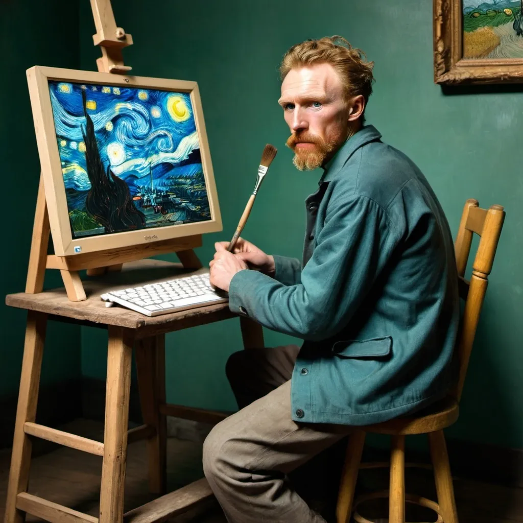 Prompt: Van Gogh sitting on a stool in front of a computer, holding a brush, his famous paintings are on computer website