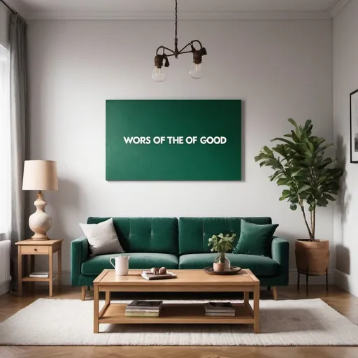 Prompt: "Create an interior scene with a pure white background (Hex #FFFFFF). Place an emerald green wingback chair on the left side of the image, such that it is half on screen and half off. Position a wooden oak coffee table in the center, low enough to leave ample space in the middle of the image for a series title. The design should be clean and minimalist with realistic textures and lighting. On the wall behind the couch, have the series title: Words of the Wise and the Ways of God, as if they're painted on the wall"
