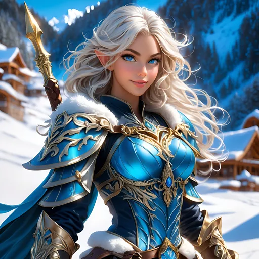 Prompt: Full Body visible, D&D fantasy,  ((tanned-skinned-elf noble)), tanned-skinned-female, slender, ((beautiful detailed face and large blue anime eyes)) long wavy snowy white hair, devious smile, pointed ears, looking at the viewer, wearing adventurer's outfit with rapier in hand, intricate hyper detailed hair, intricate hyper detailed eyelashes, intricate hyper detailed shining pupils #3238, UHD, hd , 8k eyes, detailed face, big anime dreamy eyes, 8k eyes, intricate details, insanely detailed, masterpiece, cinematic lighting, 8k, complementary colors, golden ratio, octane render, volumetric lighting, unreal 5, artwork, concept art, cover, top model, light on hair colorful glamourous hyperdetailed, intricate hyperdetailed breathtaking colorful  villa, ultra-fine details, hyper-focused, deep colors, dramatic lighting, ambient lighting god rays,|by Siddhartha 
