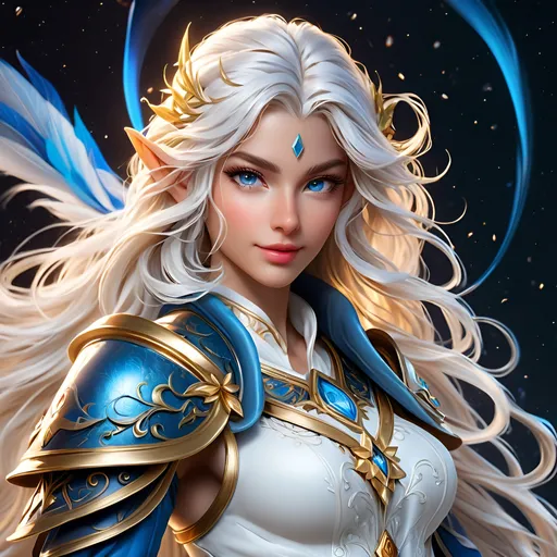 Prompt: Full Body visible, D&D fantasy,  ((tanned-skinned-elf noble)), tanned-skinned-female, slender, ((beautiful detailed face and large blue anime eyes)) long wavy snowy white hair, devious smile, pointed ears, looking at the viewer, wearing adventurer's outfit with rapier in hand, intricate hyper detailed hair, intricate hyper detailed eyelashes, intricate hyper detailed shining pupils #3238, UHD, hd , 8k eyes, detailed face, big anime dreamy eyes, 8k eyes, intricate details, insanely detailed, masterpiece, cinematic lighting, 8k, complementary colors, golden ratio, octane render, volumetric lighting, unreal 5, artwork, concept art, cover, top model, light on hair colorful glamourous hyperdetailed, intricate hyperdetailed breathtaking colorful  villa, ultra-fine details, hyper-focused, deep colors, dramatic lighting, ambient lighting god rays,|by Siddhartha 