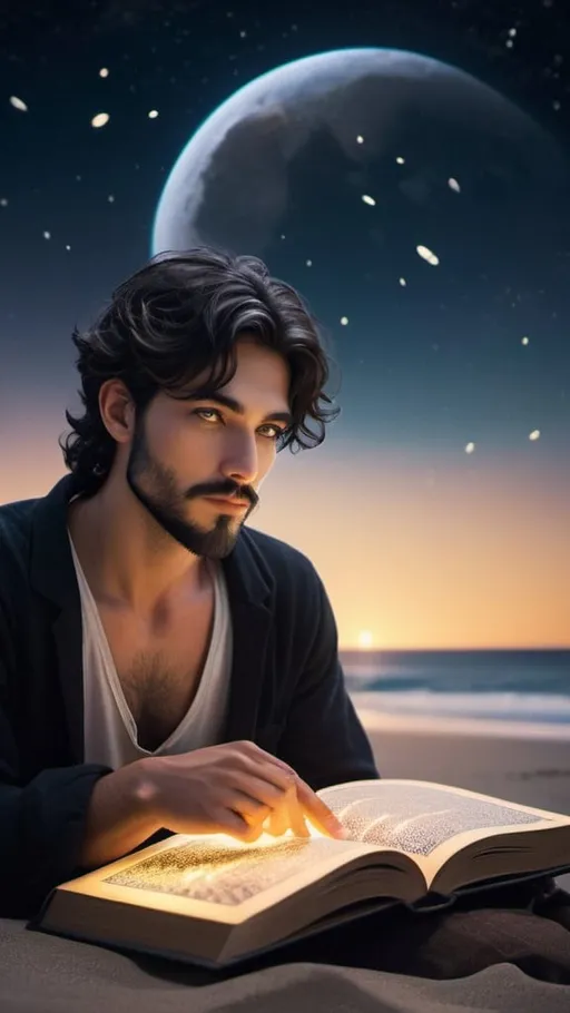 Prompt: A mesmerizing 3D render of Alex, a handsome young man with short wavy black hair, a full black beard, and tan skin. His symmetrical hazel eyes sparkle under the soft glow of the moonlight, as he sits on a serene beach. The night sky is filled with an enchanting tapestry of stars, and the full moon casts a gentle light on his face. Alex is deeply engrossed in an ancient golden-glowing book called 'The Creator and the Cosmos,' which comes alive with a majestic figure, swirling galaxies, and ethereal light trails depicting the Law of Attraction. The book's eye-catching typography harmonizes with the ocean's rhythmic ebb and flow, creating a profound and awe-inspiring experience. The artistic signature "Lizbetth" is prominently displayed, and under, 3d render, poster, illustration, vibrant, cinematic, typography