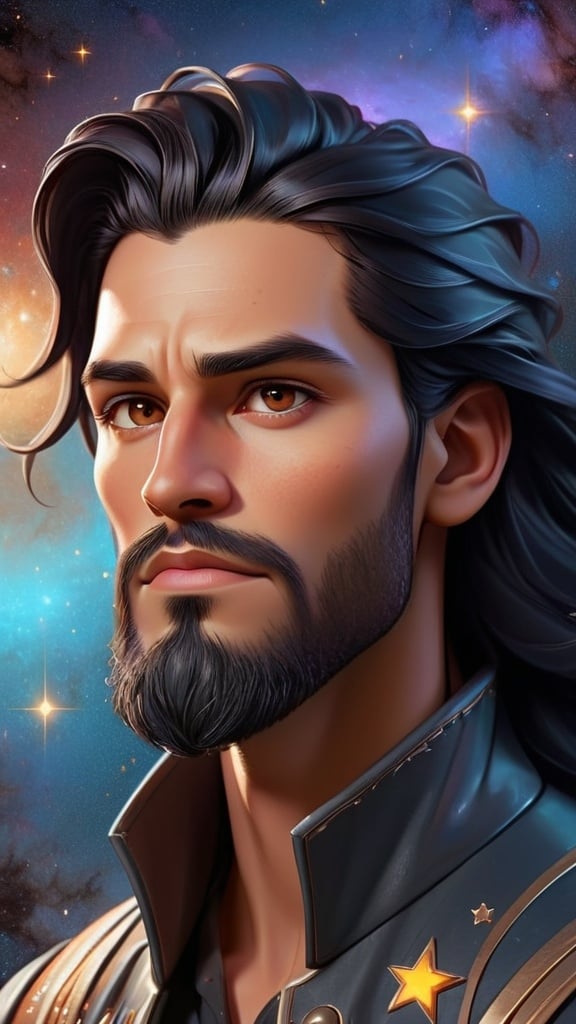 Prompt: Illustration of a handsome man with long fade black hair and beard, brown eyes, majestic and ethereal, surrounded by a universe of luminescent stars and glowing sky colors, high quality, ethereal, fantasy, majestic, dreamlike, countless stars, universe, glow, futuristic-sci-fi, detailed facial features, surreal lighting