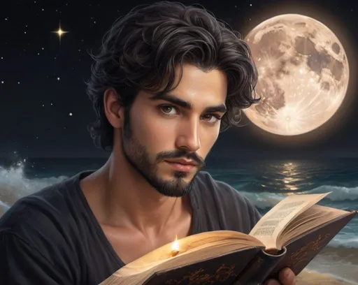 Prompt: Handsome, youthful man with detailed symmetrical hazel Brown eyes, short black hair and medium black beard full face, perfect face details, reading a golden-glowing book with the title  'The Creator and the Cosmos', fantasy, detailed eyes, attractive, pretty, tan, moonlit ocean scene, high quality, fantasy style, moonlit, detailed hair, magical, enchanting lighting, serenity, cosmos, universo, waves