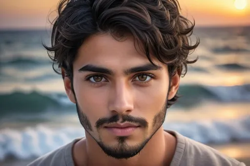 Prompt: Handsome, youthful man with detailed symmetrical hazel Brown eyes, short fade black hair and medium black beard full face, perfect face details, fantasy, detailed eyes, attractive, pretty, tan, moonlit ocean scene, high quality, fantasy style, moonlit, detailed hair, magical, enchanting lighting, serenity, cosmos, universo, waves
