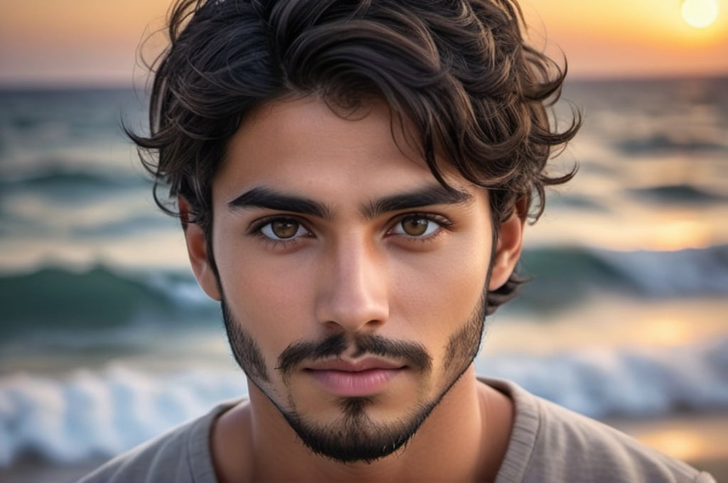 Prompt: Handsome, youthful man with detailed symmetrical hazel Brown eyes, short fade black hair and medium black beard full face, perfect face details, fantasy, detailed eyes, attractive, pretty, tan, moonlit ocean scene, high quality, fantasy style, moonlit, detailed hair, magical, enchanting lighting, serenity, cosmos, universo, waves
