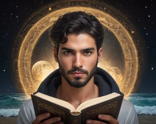 Prompt: Handsome, youthful man with detailed symmetrical hazel Brown eyes, short black hair and medium black beard full face, perfect face details, reading a golden-glowing book with the title  'The Creator and the Cosmos', fantasy, detailed eyes, attractive, pretty, tan, moonlit ocean scene, high quality, fantasy style, moonlit, detailed hair, magical, enchanting lighting, serenity, cosmos, universo, waves