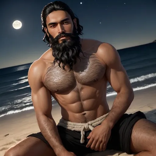 Prompt: A mesmerizing 3D render of a handsome young man with short wavy black hair, a full black beard, and tan skin. His symmetrical hazel eyes sparkle under the soft glow of the moonlight, as he sits on a serene beach. The night sky is filled with an enchanting tapestry of stars, and the full moon casts a gentle light on his face. Alex is deeply engrossed in an ancient golden-glowing book called 'The Creator and the Cosmos,' which comes alive with a majestic figure, swirling galaxies, and ethereal light trails depicting the Law of Attraction. The book's eye-catching typography harmonizes with the ocean's rhythmic ebb and flow, creating a profound and awe-inspiring experience. The artistic signature "Lizbetth" is prominently displayed, and under, 3d render, poster, illustration, vibrant, cinematic, typography