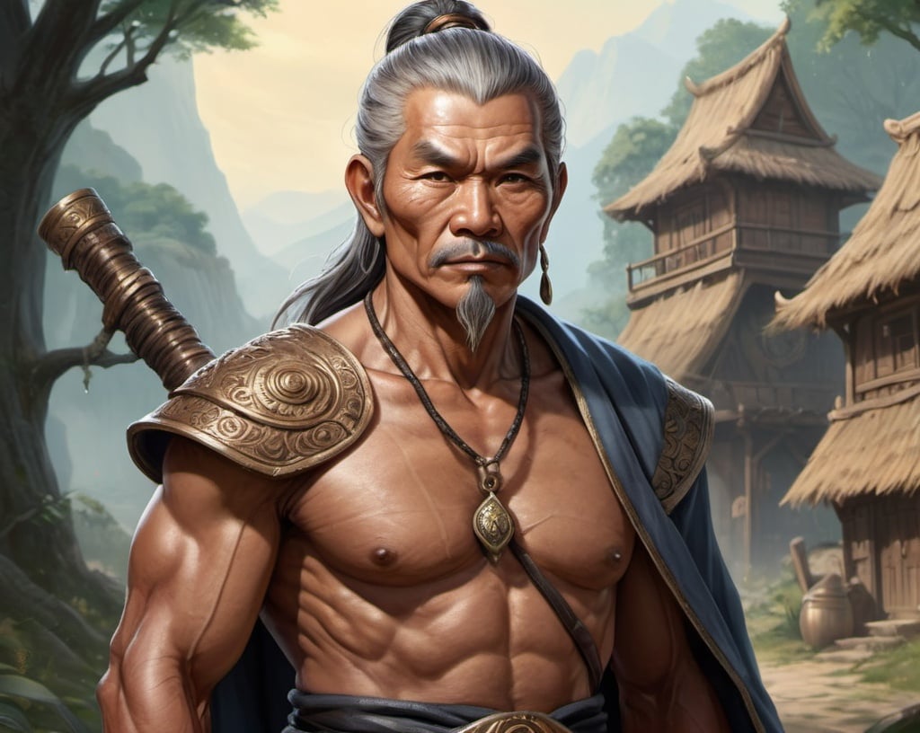 Prompt: A high quality, detailed RPG-fantasy illustration of a 60-year-old, bronzed skin, reflecting years spent under the sun, with short canos hair, tall and stout, with an imposing yet kind presence, dark brown eyes slightly Asian in shape,  depicted in a fantasy setting, armed with a mystical hose, symbolizing his role as a fierce protector of his village, magical village with intricate details, enhancing the overall fantasy atmosphere, highly detailed, capturing the esdence