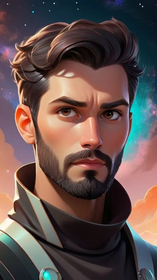 Prompt: Illustration of a handsome man with brown eyes, short black hair and beard, with a majestic and ethereal presence, set in a futuristic-retro futurism style, dreamlike quality, surrounded by a universe of luminescent stars and glowing sky colors, high quality, ethereal, fantasy, majestic, retro futurism, dreamlike, countless stars, handsome, brown eyes, short black hair, short black beard, universe, glow