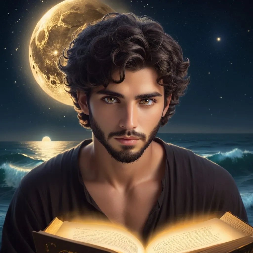 Prompt: Handsome, youthful man with detailed symmetrical hazel eyes, short black curled hair and beard, perfect face details, reading a golden-glowing book 'The Creator and the Cosmos', fantasy, detailed eyes, attractive, pretty, tan, moonlit ocean scene, high quality, fantasy style, moonlit, detailed hair, magical, enchanting lighting