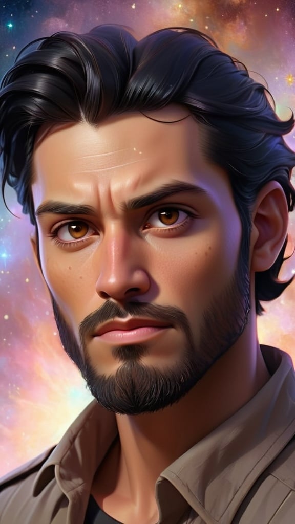 Prompt: Illustration of a handsome man with shirt fade black hair and beard, brown eyes, majestic and ethereal, surrounded by a universe of luminescent stars and glowing sky colors, high quality, ethereal, fantasy, majestic, dreamlike, countless stars, universe, glow, futuristic-sci-fi, detailed facial features, surreal lighting, war, alien