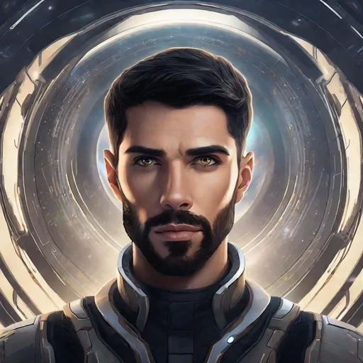 Prompt: Handsome men, portrait, sci-fi, short black hair, symmetrical hazel eyes, short beard full face, futuristic planet backdrop, high-quality, detailed, sci-fi, portrait, symmetrical features, short black hair, short beard, hazel eyes, handsome, futuristic