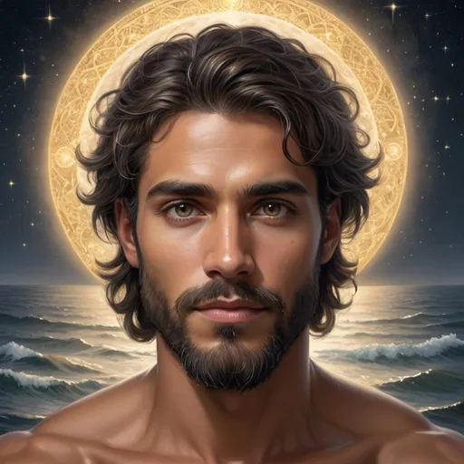 Prompt: 
A handsome, youthful man with a perfectly symmetrical face is the central figure in this enchanting moonlit ocean scene. His detailed hazel brown eyes are captivating, framed by short black hair and a medium-length black beard.His skin has a tan glow, adding to his attractive and serene appearance, he holds an open book titled 'The Creator and the Cosmos,' which glows with a golden light, illuminating his face and surroundings with a magical aura. The book's light casts intricate shadows on his detailed hair and beard, highlighting the fine textures and contours of his features.
This high-quality, fantasy-style illustration The detailed eyes and hair, combined with the magical lighting and the vast, moonlit ocean, create a sense of wonder and connection to the universe, evoking a feeling of peace and infinite possibility.