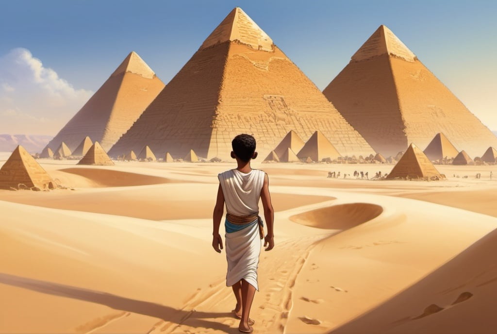 Prompt: An Egyptian boy with short black hair and  short full face black beard walks across the golden sands of the desert. His tanned skin glows under the bright sunlight, and his detailed, symmetrical hazel eyes

In the background, the majestic pyramids rise against the clear blue sky, their ancient stones casting long shadows on the sand. 

As he walks, his eyes are fixed ahead, capturing the grandeur and mystery of his surroundings. The scene is infused with the warm, golden hues of the desert, highlighting the intricate details of his features and the timeless beauty of the pyramids.

This high-quality illustration captures the essence of an Egyptian adventure, 