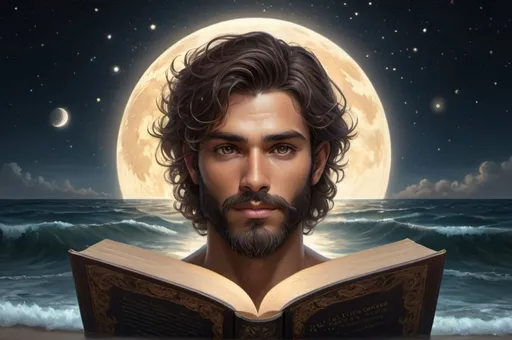 Prompt: 
A handsome, youthful man with a perfectly symmetrical face is the central figure in this enchanting moonlit ocean scene. His detailed hazel brown eyes are captivating, framed by short black hair and a medium-length black beard.His skin has a tan glow, adding to his attractive and serene appearance, he holds an open book titled 'The Creator and the Cosmos,' which glows with a golden light, illuminating his face and surroundings with a magical aura. The book's light casts intricate shadows on his detailed hair and beard, highlighting the fine textures and contours of his features.
This high-quality, fantasy-style illustration The detailed eyes and hair, combined with the magical lighting and the vast, moonlit ocean, create a sense of wonder and connection to the universe, evoking a feeling of peace and infinite possibility.
