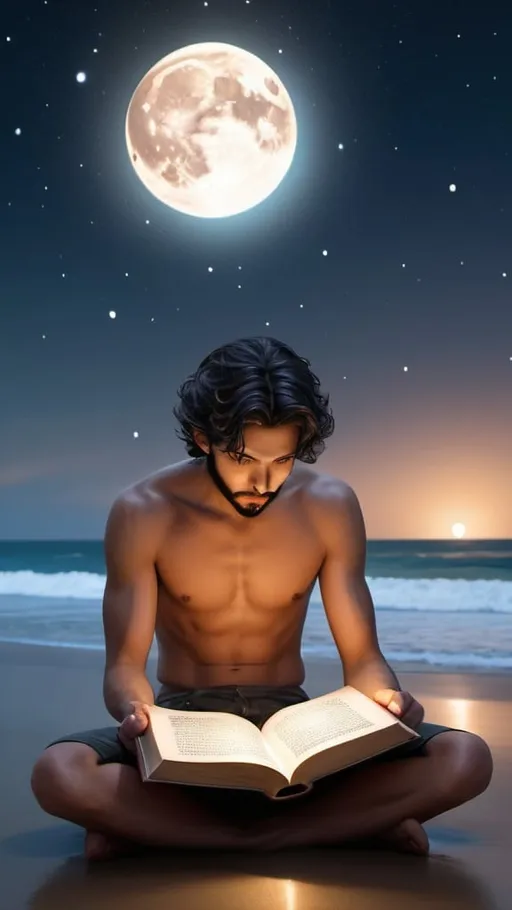 Prompt: A mesmerizing 3D render of Alex, a handsome young man with short wavy black hair, a full black beard, and tan skin. His symmetrical hazel eyes sparkle under the soft glow of the moonlight, as he sits on a serene beach. The night sky is filled with an enchanting tapestry of stars, and the full moon casts a gentle light on his face. Alex is deeply engrossed in an ancient golden-glowing book called 'The Creator and the Cosmos,' which comes alive with a majestic figure, swirling galaxies, and ethereal light trails depicting the Law of Attraction. The book's eye-catching typography harmonizes with the ocean's rhythmic ebb and flow, creating a profound and awe-inspiring experience. The artistic signature "Lizbetth" is prominently displayed, and under, 3d render, poster, illustration, vibrant, cinematic, typography