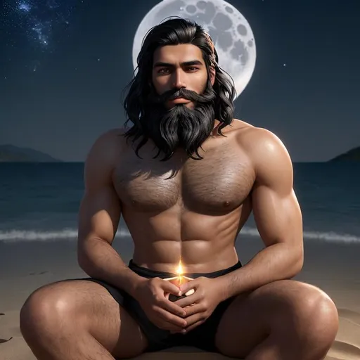 Prompt: A mesmerizing 3D render of Alex, a handsome young man with short wavy black hair, a full black beard, and tan skin. His symmetrical hazel eyes sparkle under the soft glow of the moonlight, as he sits on a serene beach. The night sky is filled with an enchanting tapestry of stars, and the full moon casts a gentle light on his face. Alex is deeply engrossed in an ancient golden-glowing book called 'The Creator and the Cosmos,' which comes alive with a majestic figure, swirling galaxies, and ethereal light trails depicting the Law of Attraction. The book's eye-catching typography harmonizes with the ocean's rhythmic ebb and flow, creating a profound and awe-inspiring experience. The artistic signature "Lizbetth" is prominently displayed, and under, 3d render, poster, illustration, vibrant, cinematic, typography