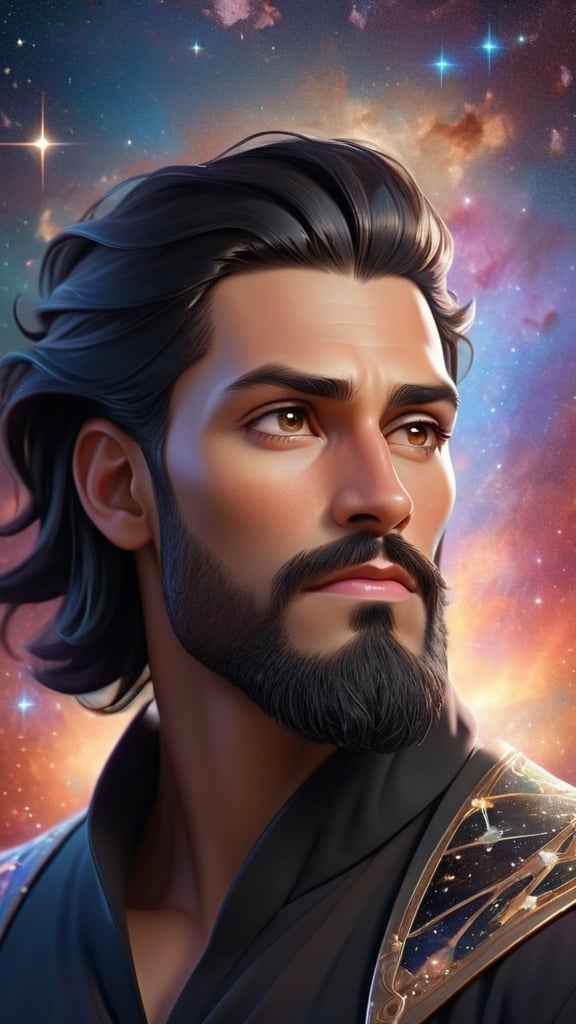 Prompt: Illustration of a handsome man with long fade black hair and beard, brown eyes, majestic and ethereal, surrounded by a universe of luminescent stars and glowing sky colors, high quality, ethereal, fantasy, majestic, dreamlike, countless stars, universe, glow, futuristic-sci-fi, detailed facial features, surreal lighting