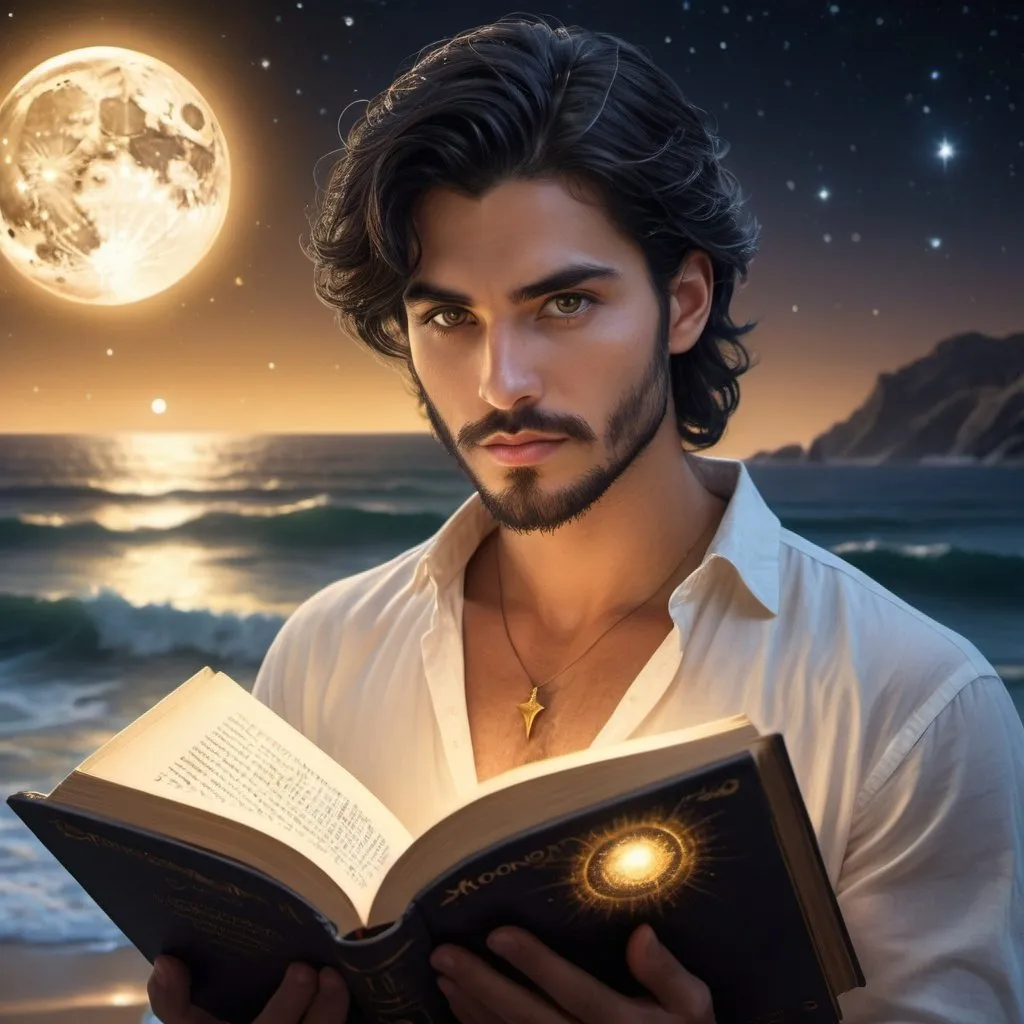 Prompt: Handsome, youthful man with detailed symmetrical hazel eyes, long fade black hair and short black beard full face, perfect face details, reading a golden-glowing book 'The Creator and the Cosmos', fantasy, detailed eyes, attractive, pretty, tan, moonlit ocean scene, high quality, fantasy style, moonlit, detailed hair, magical, enchanting lighting, serenity, cosmos, universo, waves