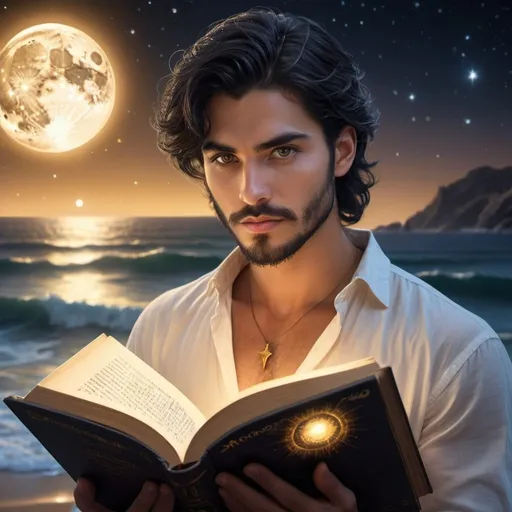 Prompt: Handsome, youthful man with detailed symmetrical hazel eyes, long fade black hair and short black beard full face, perfect face details, reading a golden-glowing book 'The Creator and the Cosmos', fantasy, detailed eyes, attractive, pretty, tan, moonlit ocean scene, high quality, fantasy style, moonlit, detailed hair, magical, enchanting lighting, serenity, cosmos, universo, waves