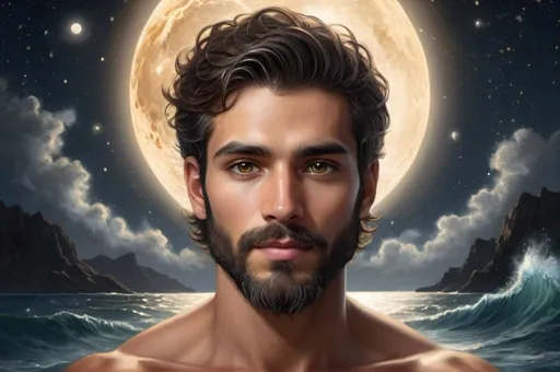 Prompt: 
A handsome, youthful man with a perfectly symmetrical face is the central figure in this enchanting moonlit ocean scene. His detailed hazel brown eyes are captivating, framed by short black hair and a medium-length black beard.His skin has a tan glow, adding to his attractive and serene appearance, he holds an open book titled 'The Creator and the Cosmos,' which glows with a golden light, illuminating his face and surroundings with a magical aura. The book's light casts intricate shadows on his detailed hair and beard, highlighting the fine textures and contours of his features.
This high-quality, fantasy-style illustration The detailed eyes and hair, combined with the magical lighting and the vast, moonlit ocean, create a sense of wonder and connection to the universe, evoking a feeling of peace and infinite possibility.