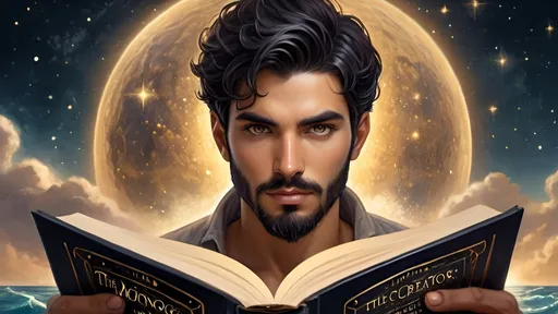 Prompt: Handsome, youthful man with detailed symmetrical hazel eyes, short fade black hair and medium black beard full face, perfect face details, reading a golden-glowing book with the title  'The Creator and the Cosmos', fantasy, detailed eyes, attractive, pretty, tan, moonlit ocean scene, high quality, fantasy style, moonlit, detailed hair, magical, enchanting lighting, serenity, cosmos, universo, waves