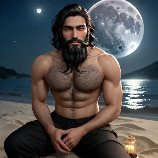 Prompt: A mesmerizing 3D render of a handsome young man with short wavy black hair, a full black beard, and tan skin. His symmetrical hazel eyes sparkle under the soft glow of the moonlight, as he sits on a serene beach. The night sky is filled with an enchanting tapestry of stars, and the full moon casts a gentle light on his face. Alex is deeply engrossed in an ancient golden-glowing book called 'The Creator and the Cosmos,' which comes alive with a majestic figure, swirling galaxies, and ethereal light trails depicting the Law of Attraction. The book's eye-catching typography harmonizes with the ocean's rhythmic ebb and flow, creating a profound and awe-inspiring experience. The artistic signature "Lizbetth" is prominently displayed, and under, 3d render, poster, illustration, vibrant, cinematic, typography