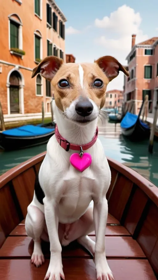 Prompt: A captivating 3D render of a small white rat terrier-greyhound mix dog with a camel-colored patch around its eyes, pink and camel color ears, raised and point ears, and a black heart shaped spot on its nose, holding a vibrant crimson rose in its teeth. Perched gracefully on a wooden boat, the dog gazes proudly and confidently at the viewer. The background reveals the enchanting city of Venice, Italy, with its historic buildings reflected elegantly on the calm canal waters. The overcast sky adds a moody atmosphere, highlighting the rustic charm of the warm peach and earthy brown-toned structures., vibrant, photo, 3d render, cinematic
