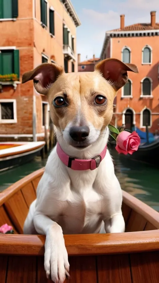 Prompt: A captivating 3D render of a small white rat terrier-greyhound mix dog with a camel-colored patch around its eyes, pink and camel color ears, raised and point ears, and a black heart shaped spot on its nose, holding a vibrant crimson rose in its teeth. Perched gracefully on a wooden boat, the dog gazes proudly and confidently at the viewer. The background reveals the enchanting city of Venice, Italy, with its historic buildings reflected elegantly on the calm canal waters. The overcast sky adds a moody atmosphere, highlighting the rustic charm of the warm peach and earthy brown-toned structures., vibrant, photo, 3d render, cinematic
