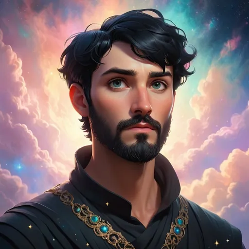 Prompt: Illustration, beautiful handsome, short black hair, short black beard full face, majestic, fantasy, ethereal, universe, dreamlike quality, tiny, luminescent, ethereal, countless start, high quality, sky's colors, glow