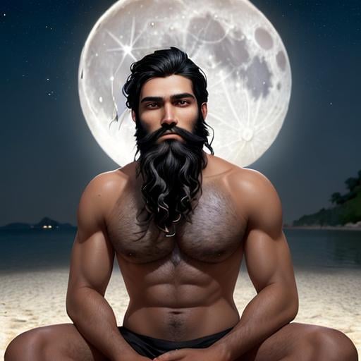 Prompt: A mesmerizing 3D render a handsome young man with short wavy black hair, a full black beard, and tan skin. His symmetrical hazel eyes sparkle under the soft glow of the moonlight, as he sits on a serene beach. The night sky is filled with an enchanting tapestry of stars, and the full moon casts a gentle light on his face. Alex is deeply engrossed in an ancient golden-glowing book called 'The Creator and the Cosmos,' which comes alive with a majestic figure, swirling galaxies, and ethereal light trails depicting the Law of Attraction. The book's eye-catching typography harmonizes with the ocean's rhythmic ebb and flow, creating a profound and awe-inspiring experience. The artistic signature "Lizbetth" is prominently 