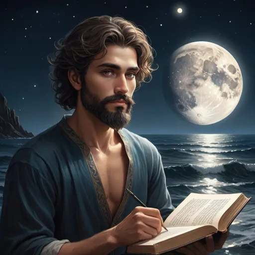 Prompt: Illustration Prompt:

"A handsome, youthful man with a perfectly symmetrical face is the central figure in this enchanting moonlit ocean scene. His detailed hazel brown eyes are captivating, framed by short black hair and a medium-length black beard that gives his face a strong, full look. His skin has a tan glow, adding to his attractive and serene appearance.

his hands, he holds an open book titled 'The Creator and the Cosmos,' which glows with a golden light, illuminating his face and surroundings with a magical aura. The book's light casts intricate shadows on his detailed hair and beard, highlighting the fine textures and contours of his features.

The scene is bathed in the soft, ethereal light of the full moon, which reflects off the ocean's surface

This high-quality, fantasy-style illustration The detailed eyes and hair, combined with the magical lighting and the vast, moonlit ocean, create a sense of wonder and connection to the universe, evoking a feeling of peace and infinite possibility."