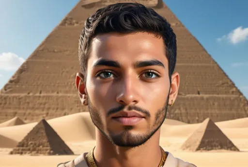 Prompt: 3d render, high quality, detailed, golden sands, majestic pyramids, youthful face, short black hair, short full face black beard, tanned skin, symmetrical hazel brown eyes, blue sky, golden hues, frontal portrait, fantasy style, majestic, Egyptian handsome men, detailed eyes, highlighting, symmetrical, atmospheric lighting