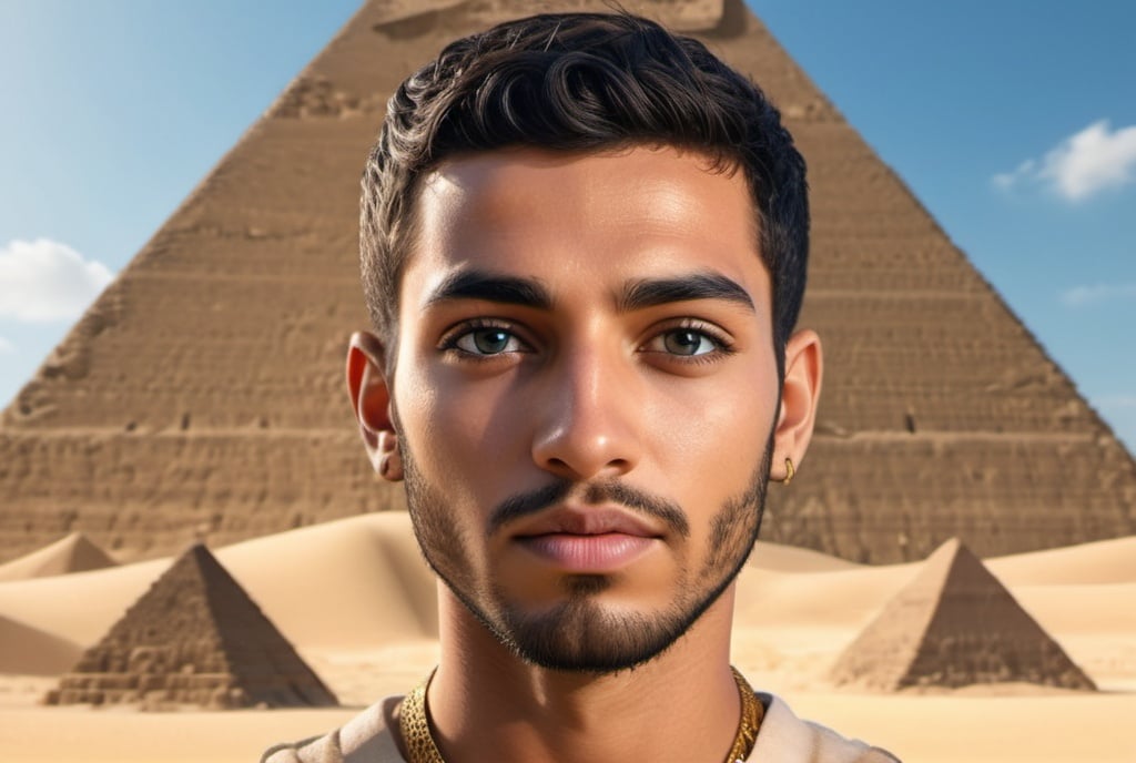 Prompt: 3d render, high quality, detailed, golden sands, majestic pyramids, youthful face, short black hair, short full face black beard, tanned skin, symmetrical hazel brown eyes, blue sky, golden hues, frontal portrait, fantasy style, majestic, Egyptian handsome men, detailed eyes, highlighting, symmetrical, atmospheric lighting