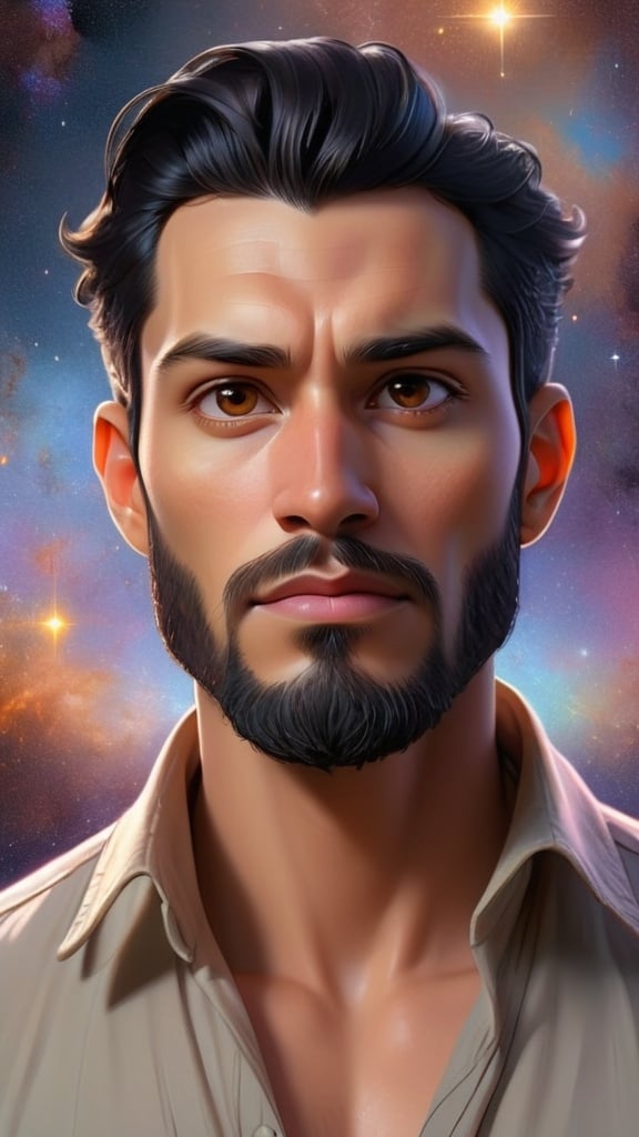 Prompt: Illustration of a handsome man with shirt fade black hair and beard, brown eyes, majestic and ethereal, surrounded by a universe of luminescent stars and glowing sky colors, high quality, ethereal, fantasy, majestic, dreamlike, countless stars, universe, glow, futuristic-sci-fi, detailed facial features, surreal lighting, war, alien