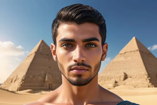 Prompt: 3d render, high quality, detailed, golden sands, majestic pyramids, youthful face, short black hair, short full face black beard, tanned skin, symmetrical hazel brown eyes, blue sky, golden hues, frontal portrait, fantasy style, majestic, Egyptian handsome men, detailed eyes, highlighting, symmetrical, atmospheric lighting