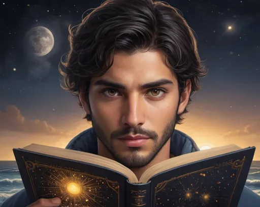 Prompt: Handsome, youthful man with detailed symmetrical hazel Brown eyes, short black hair and medium black beard full face, perfect face details, reading a golden-glowing book with the title  'The Creator and the Cosmos', fantasy, detailed eyes, attractive, pretty, tan, moonlit ocean scene, high quality, fantasy style, moonlit, detailed hair, magical, enchanting lighting, serenity, cosmos, universo, waves