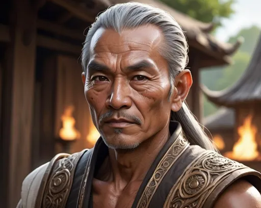 Prompt: A high quality, detailed RPG-fantasy illustration of a 60-year-old, bronzed skin, reflecting years spent under the sun, with short canos hair, tall and stout, with an imposing yet kind presence, dark brown eyes slightly Asian in shape,  depicted in a fantasy setting, armed with a mystical hose, symbolizing his role as a fierce protector of his village, magical village with intricate details, enhancing the overall fantasy atmosphere, highly detailed, capturing the esdence