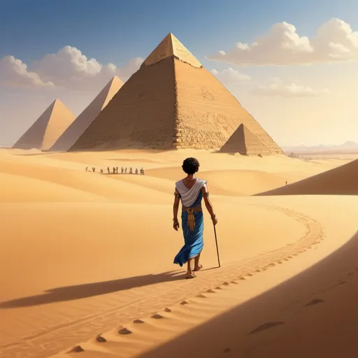 Prompt: Illustration Prompt:

"An Egyptian boy with short black hair and a neatly trimmed black beard walks across the golden sands of the desert. His tanned skin glows under the bright sunlight, and his detailed, symmetrical hazel eyes reflect a sense of determination and wonder. 

In the background, the majestic pyramids rise against the clear blue sky, their ancient stones casting long shadows on the sand. The vast desert stretches out around him, with ripples of sand dunes creating a dynamic and textured landscape.

As he walks, his eyes are fixed ahead, capturing the grandeur and mystery of his surroundings. The scene is infused with the warm, golden hues of the desert, highlighting the intricate details of his features and the timeless beauty of the pyramids.

This high-quality illustration captures the essence of an Egyptian adventure, combining the historical majesty of the pyramids with the vibrant energy of the young man as he journeys through the iconic landscape."