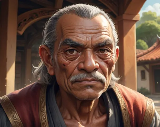 Prompt: A high-quality, detailed RPG-fantasy illustration of a 60-year-old man known as Pepe el Cariñoso. He has bronzed skin, reflecting years spent under the sun, with short, canos hair framing his face in a dignified manner. Pepe is tall and stout, with an imposing yet kind presence. His deep, dark brown eyes, slightly Asian in shape, convey both a mischievous sparkle and accumulated wisdom. He is depicted in a fantasy setting, armed with a mystical hose, symbolizing his role as a fierce protector of his village. The background should include a vibrant, magical village with intricate details, enhancing the overall fantasy atmosphere. The illustration should be highly detailed, capturing the essence of Pepe's character and the enchanting world he inhabits.