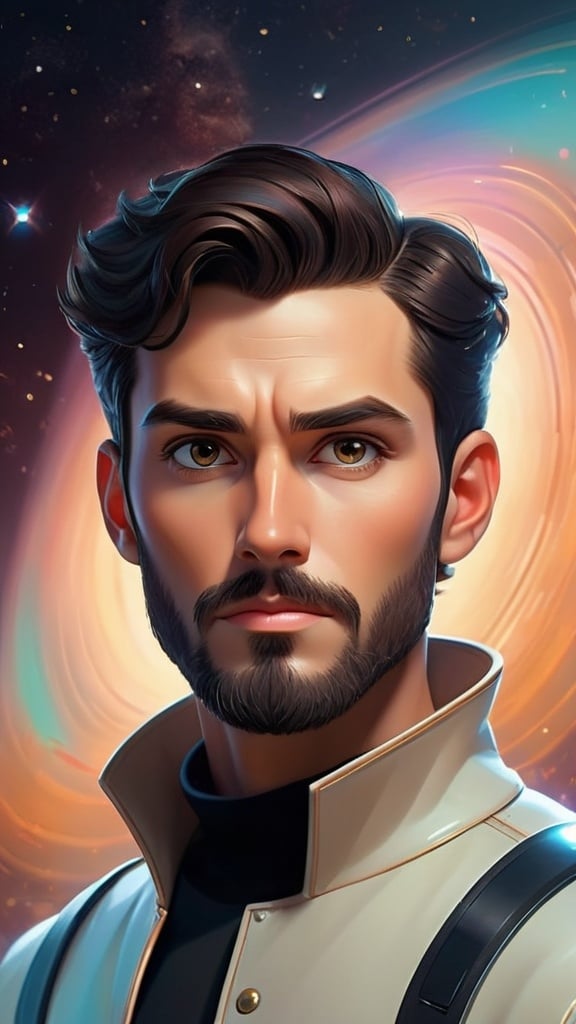 Prompt: Illustration of a handsome man with brown eyes, short black hair and beard, with a majestic and ethereal presence, set in a futuristic-retro futurism style, dreamlike quality, surrounded by a universe of luminescent stars and glowing sky colors, high quality, ethereal, fantasy, majestic, retro futurism, dreamlike, countless stars, handsome, brown eyes, short black hair, short black beard, universe, glow