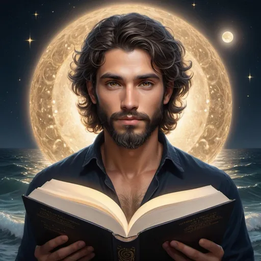 Prompt: 
A handsome, youthful man with a perfectly symmetrical face is the central figure in this enchanting moonlit ocean scene. His detailed hazel brown eyes are captivating, framed by short black hair and a medium-length black beard.His skin has a tan glow, adding to his attractive and serene appearance, he holds an open book titled 'The Creator and the Cosmos,' which glows with a golden light, illuminating his face and surroundings with a magical aura. The book's light casts intricate shadows on his detailed hair and beard, highlighting the fine textures and contours of his features.
This high-quality, fantasy-style illustration The detailed eyes and hair, combined with the magical lighting and the vast, moonlit ocean, create a sense of wonder and connection to the universe, evoking a feeling of peace and infinite possibility.