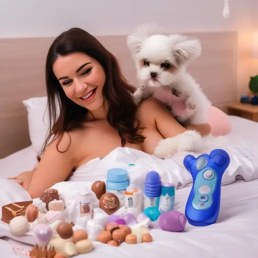 Prompt: happy cartoon woman on a bed with Hitachi magic wand personal massager, chocolates, and a cute puppy

