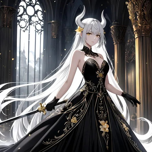 Prompt: (anime girl), (stunning detail), (long white hair) with a hime haircut, (elegant black dress) complemented by (long black gloves), (holding an elegant sword), (soft pale skin), (a pair of white horns), striking (golden irises) with vertical black pupils, (ethereal ambiance), (dramatic lighting), high fantasy background, intricate details on the dress, graceful pose, swirling mist around her, (ultra-detailed), (4K).